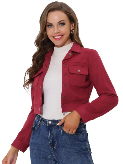 Allegra K- Faux Suede Notched Collar Button Up Cropped Jacket