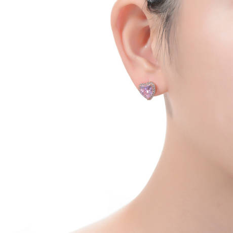 Genevive Sterling Silver 18K Rose Plated with Pink Cubic Zirconia Heart Stud Earrings