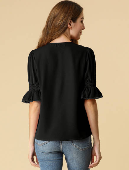 Allegra K- Ruffled V Neck Puff Elbow Sleeve Chiffon Blouse