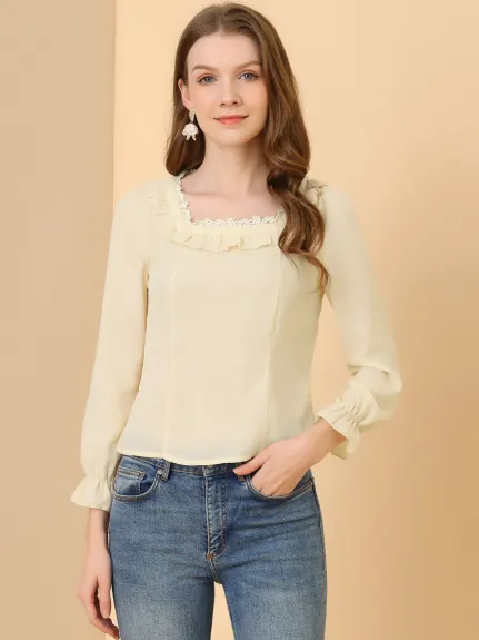 Allegra K - Elegant Square Neck Ruffled Blouse