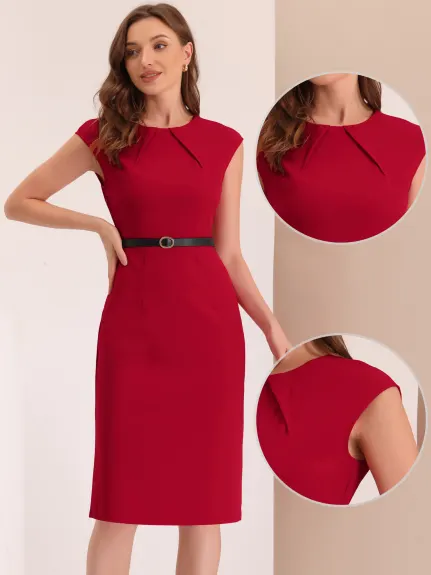 Allegra K- Cap Sleeve Belted Sheath Dress