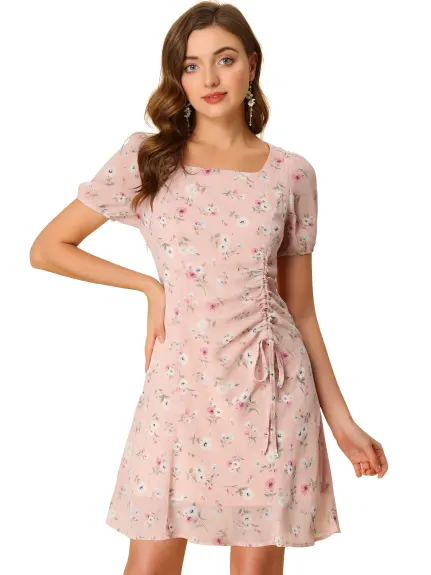 Allegra K- robe à col carré Floral à manches courtes avec cordon de serrage froncé