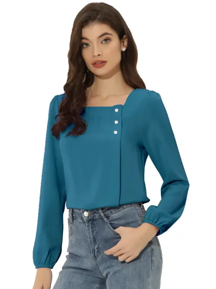 Allegra K- Square Neck Casual Long Sleeve Top