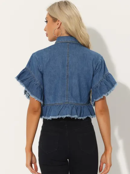 Allegra K- Veste en jean à manches courtes et volants