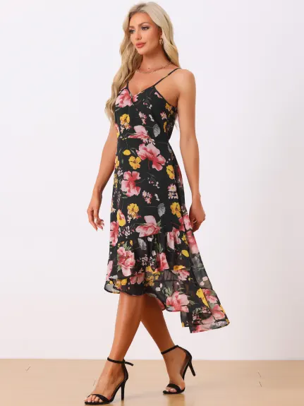 Allegra K - Robe florale sans manches à col en V et ourlet à volants