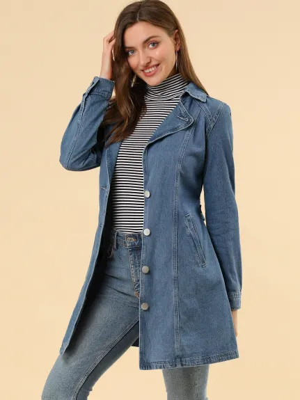 Allegra K- Notched Lapel Button Belted Long Denim Jacket