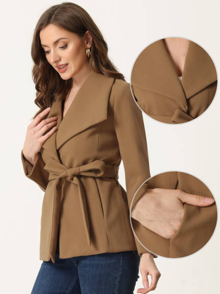 Allegra K - Lapel Collar Belted Short Pea Coat