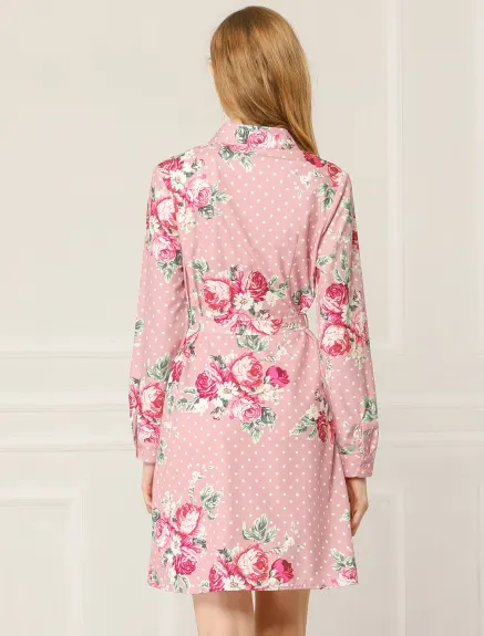 Allegra K- Lapel Button Down Belted Floral Shirt Dress