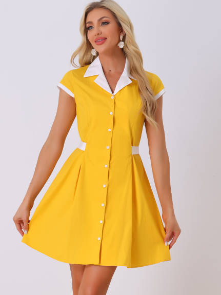 Allegra K- Button Down Flat Collar Belted Mini Shirt Dress