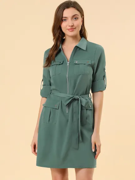 Allegra K- Roll-Up Sleeve Multi-Pocket Belted Shirt Dress