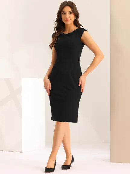 Allegra K - Cap Sleeve Work Belted Sheath Dress