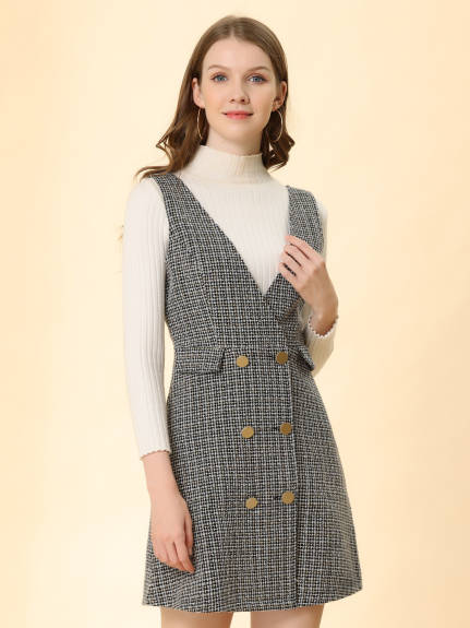 Allegra K - Elegant Button Plaid Tweed Overalls Skirt