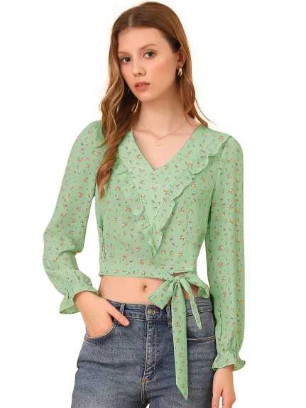 Allegra K - Bow Tie Long Sleeve Floral Ruffle Crop Top