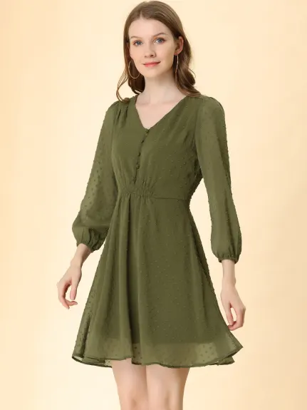 Allegra K- Swiss Dots 3/4 Sleeve A-line Chiffon Dress