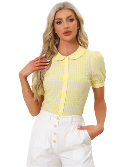 Allegra K - Puff Sleeve Peter Pan Collar Gingham Shirt