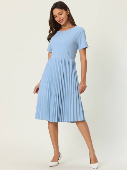 Hobemty- Short Sleeve Pleated Midi A-Line Dress