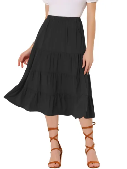 Allegra K- Elastic Waist Tiered A-Line Midi Skirt