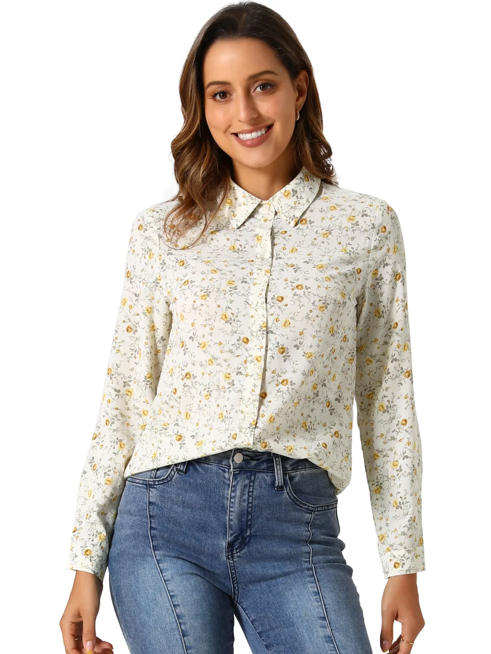 Allegra K- Blouse florale à manches longues et col en pointe