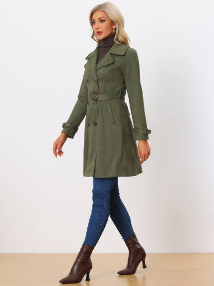 Allegra K- Faux Suede Tie Belt Trench Coat