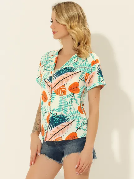 Allegra K- Beach Tropical Floral Leaves Button Down Shirt