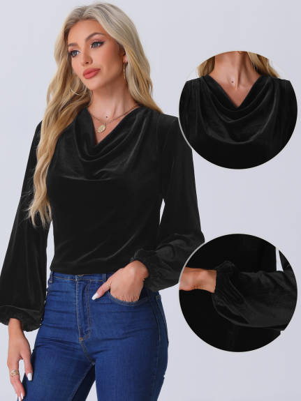 INSPIRE CHIC - Cowl Neck Lantern Long Sleeve Velvet Blouse