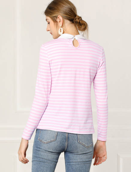 Allegra K- Contrast Collar Striped Blouse