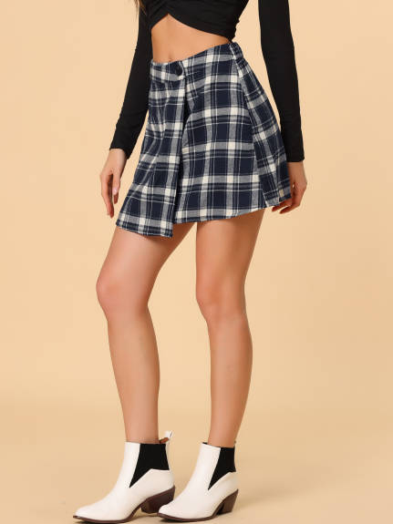 Allegra K - High Waist Layered A-Line Tartan Skirt