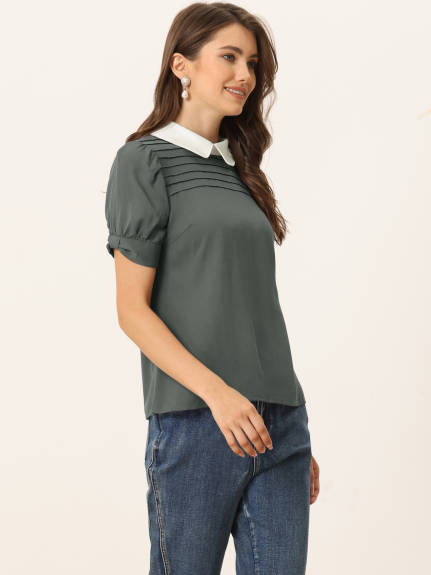 Allegra K- Pan Collar Puff Short Sleeve Pleated Blosue