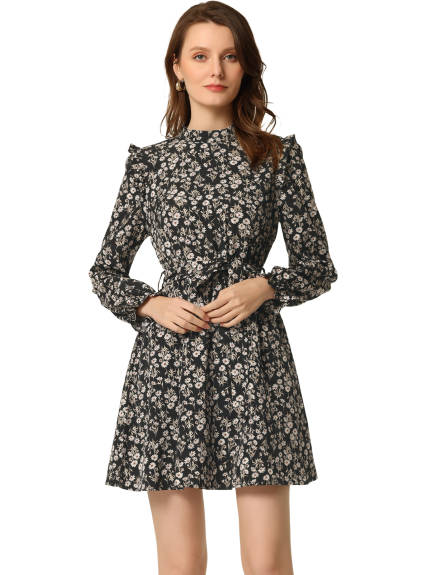 Allegra K- Ruffled Trim Stand Collar Belted Floral Dress