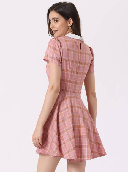 Allegra K- Peter Pan Collar Puff Sleeves Above Knee Plaid Grid Dress