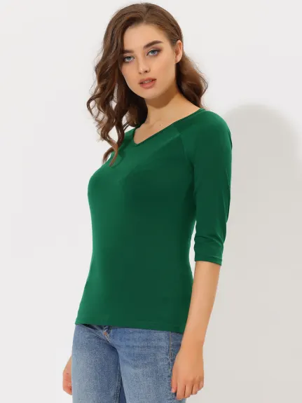 Allegra K- 3/4 Raglan Sleeve V Neck T-Shirt