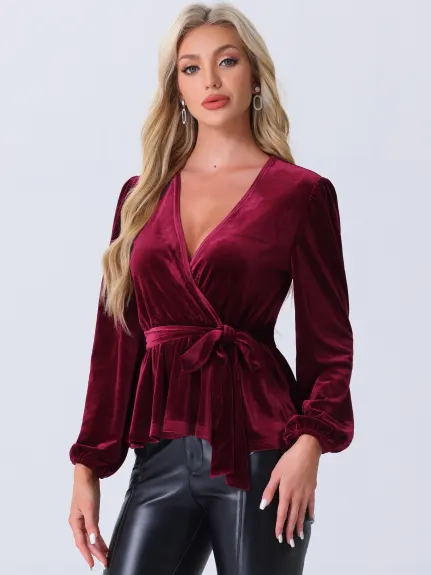 Allegra K - Velvet Wrap Tie Waist Peplum Blouse