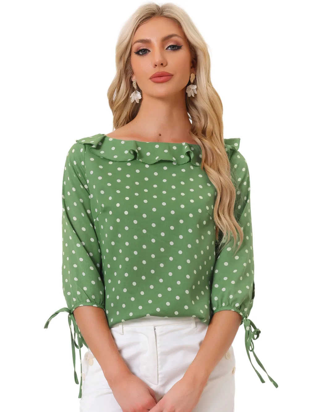 Allegra K- Ruffled Neck Half Sleeve Sheer Polka Dots Blouse