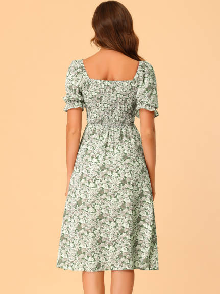 Allegra K- Square Neck Puff Sleeves Midi Smocked Floral Dress