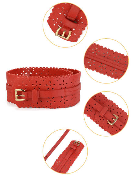 Allegra K- Hollow Retro Floral Leather Cinch Wide Belt