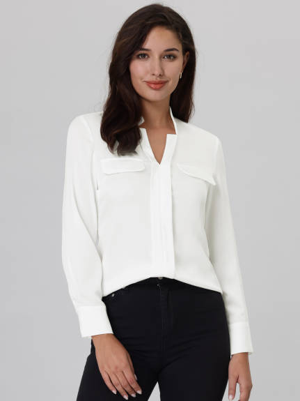 Hobemty- V Neck Pleated Front Shirt