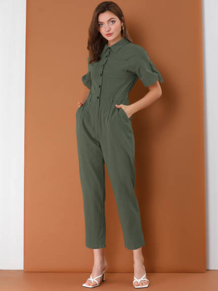 Allegra K- Turndown Collar Button up Tie Waist Cargo Jumpsuit