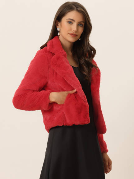 Allegra K- Notch Lapel Faux Fur Fluffy Cropped Coat