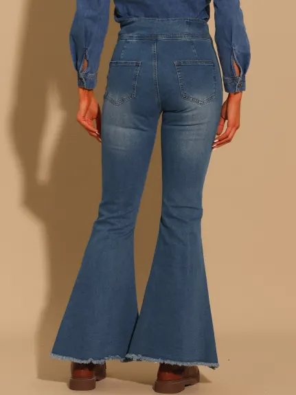 Allegra K- Bell Bottom Jeans Pantalon en denim évasé classique taille haute