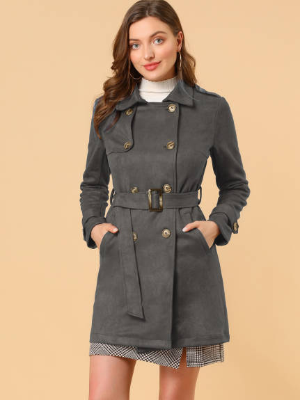 Allegra K- Notched Lapel Double Breasted Faux Suede Trenchcoat