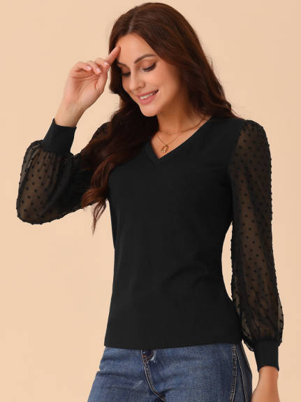 Allegra K - V Neck Swiss Dot Long Sleeve Blouse