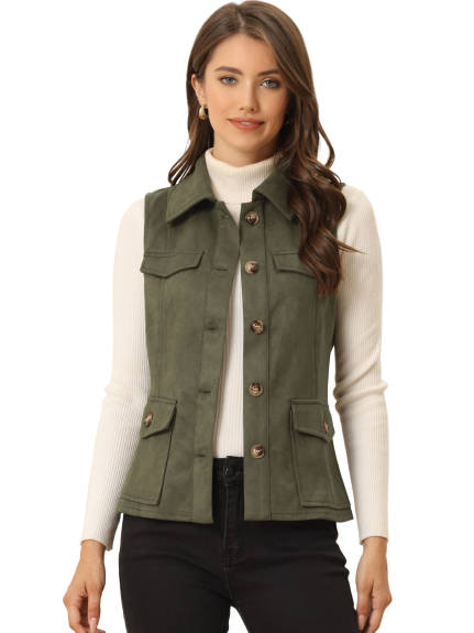 Allegra K- Faux Suede Vest Buttoned Jacket with Cargo Pocket