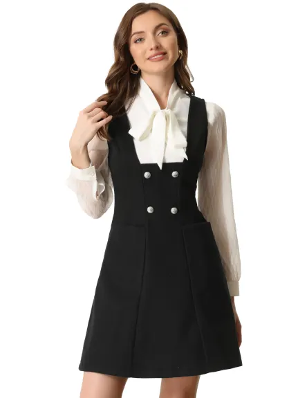 Allegra K- Pinafore A-Line Double Breasted Overall Suspender Dress