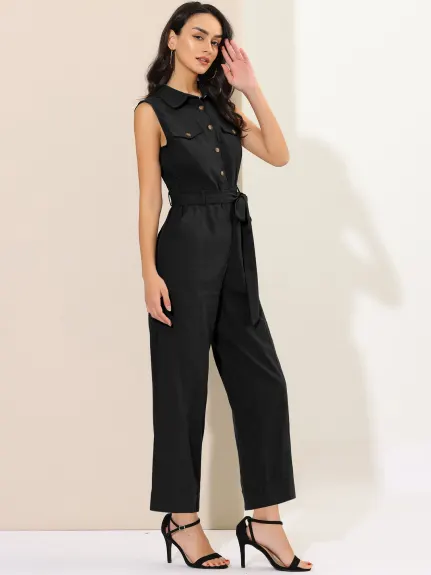 Allegra K- Sleeveless Collared Tie Waist Coverall Button Down Jumpsuit