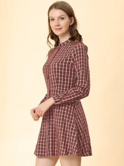 Allegra K- Check Ruffle Neck Long Sleeve A-Line Shirt Dress