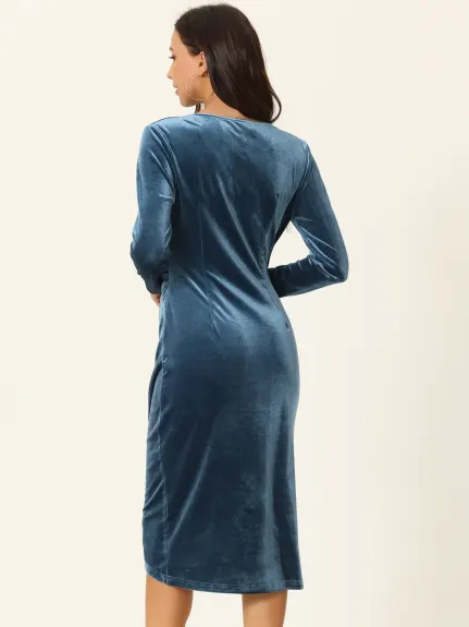 Allegra K- Velvet Long Sleeve Wrap V Neck Ruched Bodycon Midi Dress