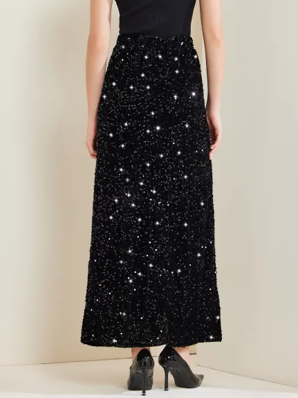 Allegra K - Elastic Waist Sequin Velvet Maxi Skirt