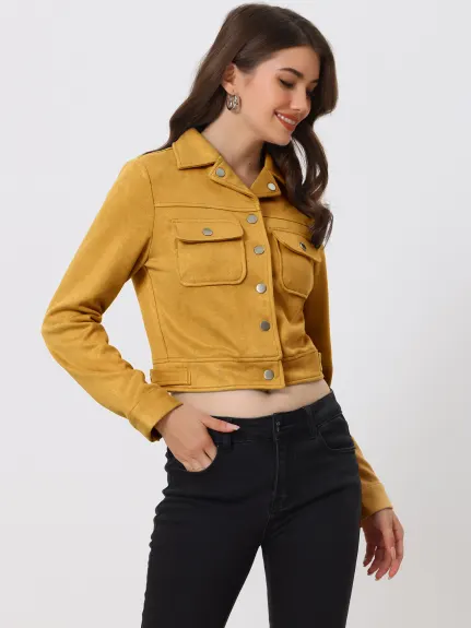 Allegra K- Faux daim col cranté boutonné veste courbée