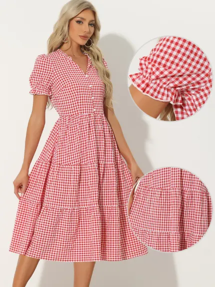 Allegra K- Gingham voffle Trim V robe bouton col