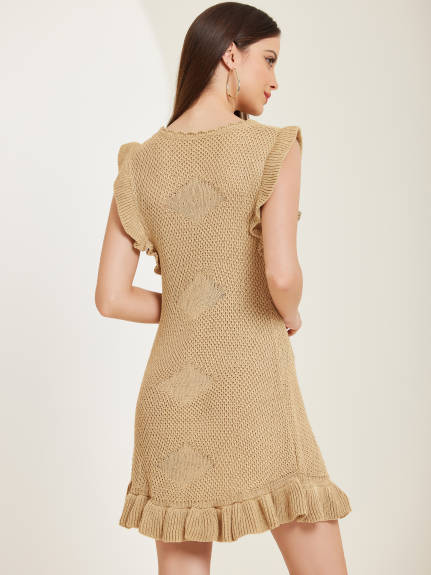 Allegra K - Crochet Round Neck Mini Knit Dress